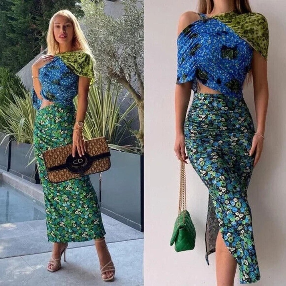 Zara Green and Blue Floral High-Waist Midi Skirt with Mixed Print Top